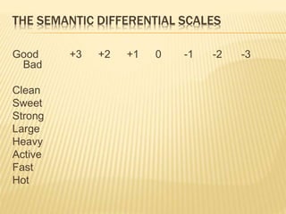 THE SEMANTIC DIFFERENTIAL SCALES
Good +3 +2 +1 0 -1 -2 -3
Bad
Clean
Sweet
Strong
Large
Heavy
Active
Fast
Hot
 