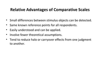 Relative Advantages of Comparative Scales
• Small differences between stimulus objects can be detected.
• Same known reference points for all respondents.
• Easily understood and can be applied.
• Involve fewer theoretical assumptions.
• Tend to reduce halo or carryover effects from one judgment
to another.
 