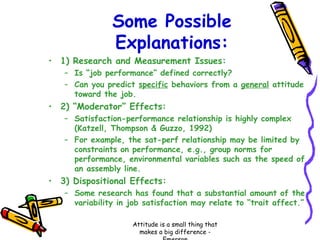 Some Possible
Explanations:
• 1) Research and Measurement Issues:
– Is “job performance” defined correctly?
– Can you predict specific behaviors from a general attitude
toward the job.

• 2) “Moderator” Effects:
– Satisfaction-performance relationship is highly complex
(Katzell, Thompson & Guzzo, 1992)
– For example, the sat-perf relationship may be limited by
constraints on performance, e.g., group norms for
performance, environmental variables such as the speed of
an assembly line.

• 3) Dispositional Effects:
– Some research has found that a substantial amount of the
variability in job satisfaction may relate to “trait affect.”
Attitude is a small thing that
makes a big difference -

 