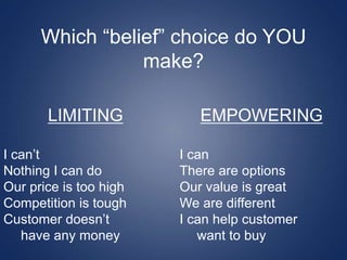 Which “belief” choice do YOU
make?
LIMITING
I can’t
Nothing I can do
Our price is too high
Competition is tough
Customer doesn’t
have any money
EMPOWERING
I can
There are options
Our value is great
We are different
I can help customer
want to buy
 