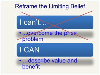I can’t…
• ...overcome the price
problem
I CAN
• …describe value and
benefit
Reframe the Limiting Belief
 