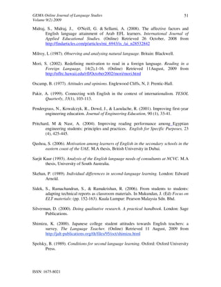 GEMA Online Journal of Language Studies 
Volume 9(2) 2009 
ISSN: 1675-8021 
51 
Midraj, S., Midraj, J., O'Neill, G. & Sellami, A. (2008). The affective factors and 
English language attainment of Arab EFL learners. International Journal of 
Applied Educational Studies. (Online) Retrieved 26 October, 2008 from 
http://findarticles.com/p/articles/mi_6943/is_/ai_n28532842 
Milroy, L (1987). Observing and analysing natural language. Britain: Blackwell. 
Mori, S. (2002). Redefining motivation to read in a foreign language. Reading in a 
Foreign Language, 14(2),1-16. (Online) Retrieved 11August, 2009 from 
http://nflrc.hawaii.edu/rfl/October2002/mori/mori.html 
Oscamp, B. (1977). Attitudes and opinions. Englewood Cliffs, N, J: Prentic-Hall. 
Pakir, A. (1999). Connecting with English in the context of internationalism. TESOL 
Quarterly, 33(1), 103-113. 
Pendergrass, N., Kowalczyk, R., Dowd, J., & Laoulache, R. (2001). Improving first-year 
engineering education. Journal of Engineering Education, 90 (1), 33-41. 
Pritchard, M & Nasr, A. (2004). Improving reading performance among Egyptian 
engineering students: principles and practices. English for Specific Purposes, 23 
(4), 425-445. 
Qashoa, S. (2006). Motivation among learners of English in the secondary schools in the 
eastern coast of the UAE. M.A thesis, British University in Dubai. 
Sarjit Kaur (1993). Analysis of the English language needs of consultants at NCVC. M.A 
thesis, University of South Australia. 
Skehan, P. (1989). Individual differences in second-language learning. London: Edward 
Arnold. 
Sidek, S., Ramachandran, S., & Ramakrishan, R. (2006). From students to students: 
adapting technical reports as classroom materials. In Mukundan, J. (Ed) Focus on 
ELT materials: (pp. 152-163). Kuala Lumpur: Pearson Malaysia Sdn. Bhd. 
Silverman, D. (2000). Doing qualitative research. A practical handbook. London: Sage 
Publications. 
Shimizu, K. (2000). Japanese college student attitudes towards English teachers: a 
survey. The Language Teacher. (Online) Retrieved 11 August, 2009 from 
http://jalt-publications.org/tlt/files/95/oct/shimizu.html 
Spolsky, B. (1989). Conditions for second language learning. Oxford: Oxford University 
Press. 
 