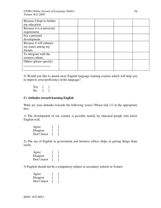 GEMA Online Journal of Language Studies 
Volume 9(2) 2009 
ISSN: 1675-8021 
54 
Because I hope to further 
my education. 
Because it is a university 
requirement. 
For a personal 
development. 
Because it will enhance 
my status among my 
friends. 
To integrate with the 
western culture. 
Others (please specify) 
_________________ 
2) Would you like to attend more English language training courses which will help you 
to improve your proficiency in the language? 
Yes [ ] 
No [ ] 
C) Attitudes toward learning English 
What are your attitudes towards the following issues? Please tick () in the appropriate 
box: 
1) The development of our country is possible mainly by educated people who know 
English well. 
Agree [ ] 
Disagree [ ] 
Don’t know [ ] 
2) The use of English in government and business offices helps in getting things done 
easily. 
Agree [ ] 
Disagree [ ] 
Don’t know [ ] 
3) English should not be a compulsory subject in secondary schools in Yemen. 
Agree [ ] 
Disagree [ ] 
Don’t know [ ] 
 