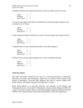 GEMA Online Journal of Language Studies 
Volume 9(2) 2009 
ISSN: 1675-8021 
55 
4) English should be the medium of instruction in the secondary schools in Yemen. 
Agree [ ] 
Disagree [ ] 
Don’t know [ ] 
5) At least some subjects like Physics and Chemistry should be taught in English at the 
secondary level in Yemen. 
Agree [ ] 
Disagree [ ] 
Don’t know [ ] 
6) The teaching of English should start as early as the first grade in the Yemeni schools. 
Agree [ ] 
Disagree [ ] 
Don’t know [ ] 
7) English films are more enjoyable than films in any other language. 
Agree [ ] 
Disagree [ ] 
Don’t know [ ] 
8) When I hear someone speaks English well, I wish I could speak like him. 
Agree [ ] 
Disagree [ ] 
Don’t know [ ] 
About the authors 
Atef Saleh Al-Tamimi worked for five years as a university instructor at Hadramout 
University of Sciences and Technology, Yemen. He is currently a Ph.D student at the 
School of Humanities, Universiti Sains Malaysia. His areas of interest include ESP, 
Needs Analysis and English Language Teaching (ELT) research. 
Munir Shuib (Ph.D) is an Associate Professor and chairman of the Industry and 
Community Network at the School of Humanities, Universiti Sains Malaysia (USM). He 
is also an associate research fellow at the National Higher Education Research Institute 
(IPPTN). His research interests include ESP and graduates’ skills and competencies. 
