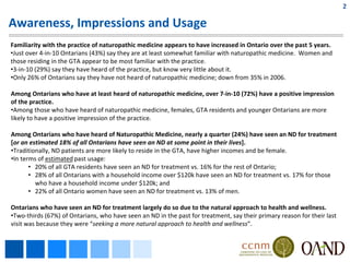 2

Awareness, Impressions and Usage
Familiarity with the practice of naturopathic medicine appears to have increased in Ontario over the past 5 years.
•Just over 4‐in‐10 Ontarians (43%) say they are at least somewhat familiar with naturopathic medicine.  Women and 
those residing in the GTA appear to be most familiar with the practice.
•3‐in‐10 (29%) say they have heard of the practice, but know very little about it.
•Only 26% of Ontarians say they have not heard of naturopathic medicine; down from 35% in 2006.

Among Ontarians who have at least heard of naturopathic medicine, over 7‐in‐10 (72%) have a positive impression 
of the practice. 
•Among those who have heard of naturopathic medicine, females, GTA residents and younger Ontarians are more 
likely to have a positive impression of the practice.

Among Ontarians who have heard of Naturopathic Medicine, nearly a quarter (24%) have seen an ND for treatment 
[or an estimated 18% of all Ontarians have seen an ND at some point in their lives]. 
•Traditionally, ND patients are more likely to reside in the GTA, have higher incomes and be female.
•In terms of estimated past usage:
       • 20% of all GTA residents have seen an ND for treatment vs. 16% for the rest of Ontario; 
       • 28% of all Ontarians with a household income over $120k have seen an ND for treatment vs. 17% for those 
         who have a household income under $120k; and
       • 22% of all Ontario women have seen an ND for treatment vs. 13% of men.

Ontarians who have seen an ND for treatment largely do so due to the natural approach to health and wellness.
•Two‐thirds (67%) of Ontarians, who have seen an ND in the past for treatment, say their primary reason for their last 
visit was because they were “seeking a more natural approach to health and wellness”.
 