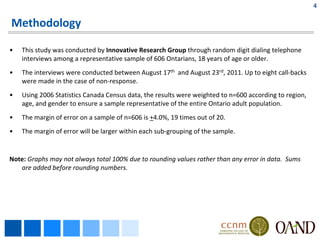 4

Methodology

•   This study was conducted by Innovative Research Group through random digit dialing telephone 
    interviews among a representative sample of 606 Ontarians, 18 years of age or older. 
•   The interviews were conducted between August 17th and August 23rd, 2011. Up to eight call‐backs 
    were made in the case of non‐response.
•   Using 2006 Statistics Canada Census data, the results were weighted to n=600 according to region, 
    age, and gender to ensure a sample representative of the entire Ontario adult population.
•   The margin of error on a sample of n=606 is +4.0%, 19 times out of 20. 
•   The margin of error will be larger within each sub‐grouping of the sample.


Note: Graphs may not always total 100% due to rounding values rather than any error in data.  Sums 
   are added before rounding numbers.
 