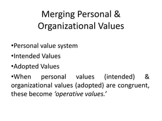 Merging Personal &
Organizational Values
•Personal value system
•Intended Values
•Adopted Values
•When personal values (intended) &
organizational values (adopted) are congruent,
these become ‘operative values.’
 