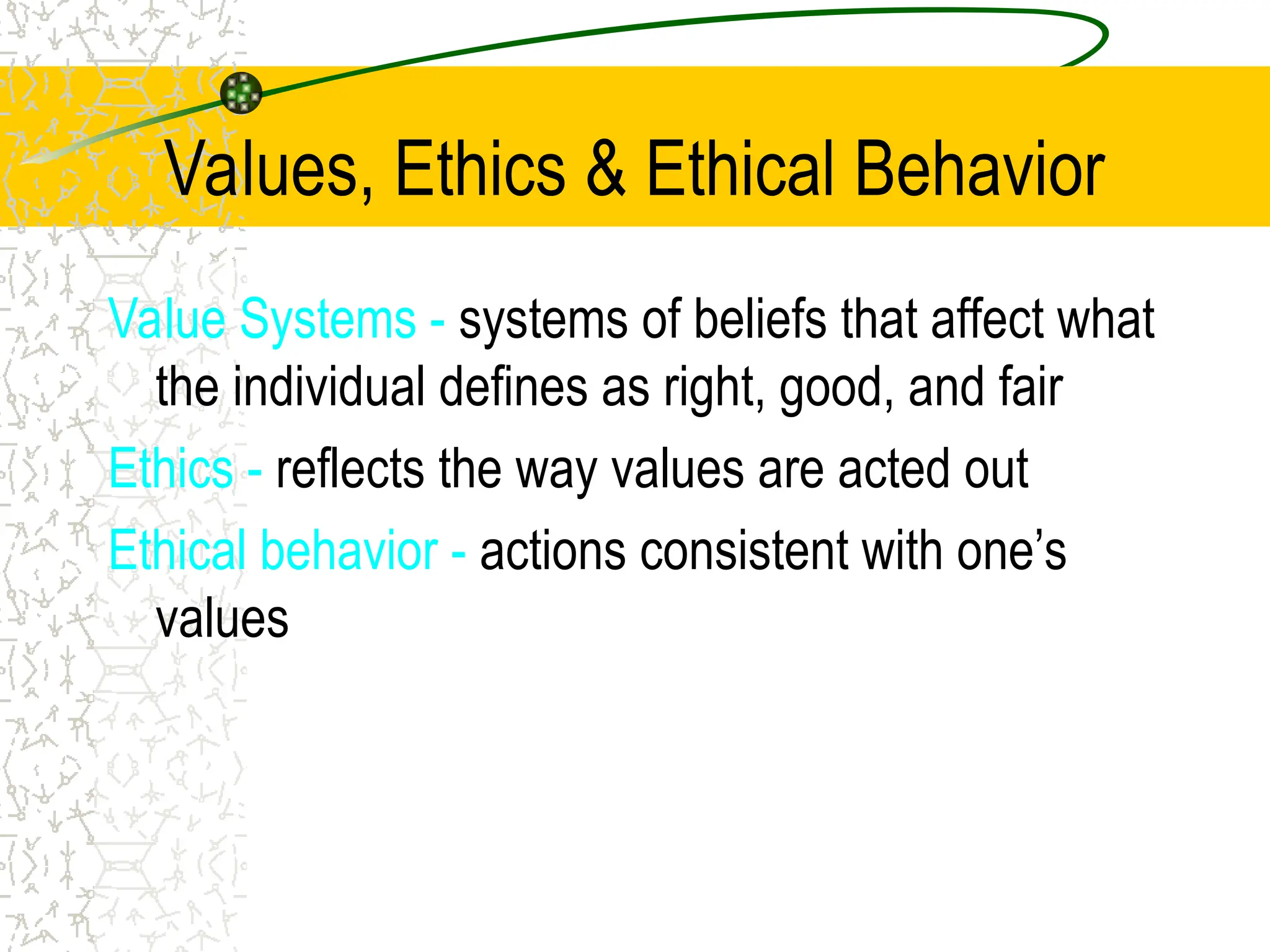 Values, Ethics & Ethical Behavior
Value Systems - systems of beliefs that affect what
the individual defines as right, good, and fair
Ethics - reflects the way values are acted out
Ethical behavior - actions consistent with one’s
values
 