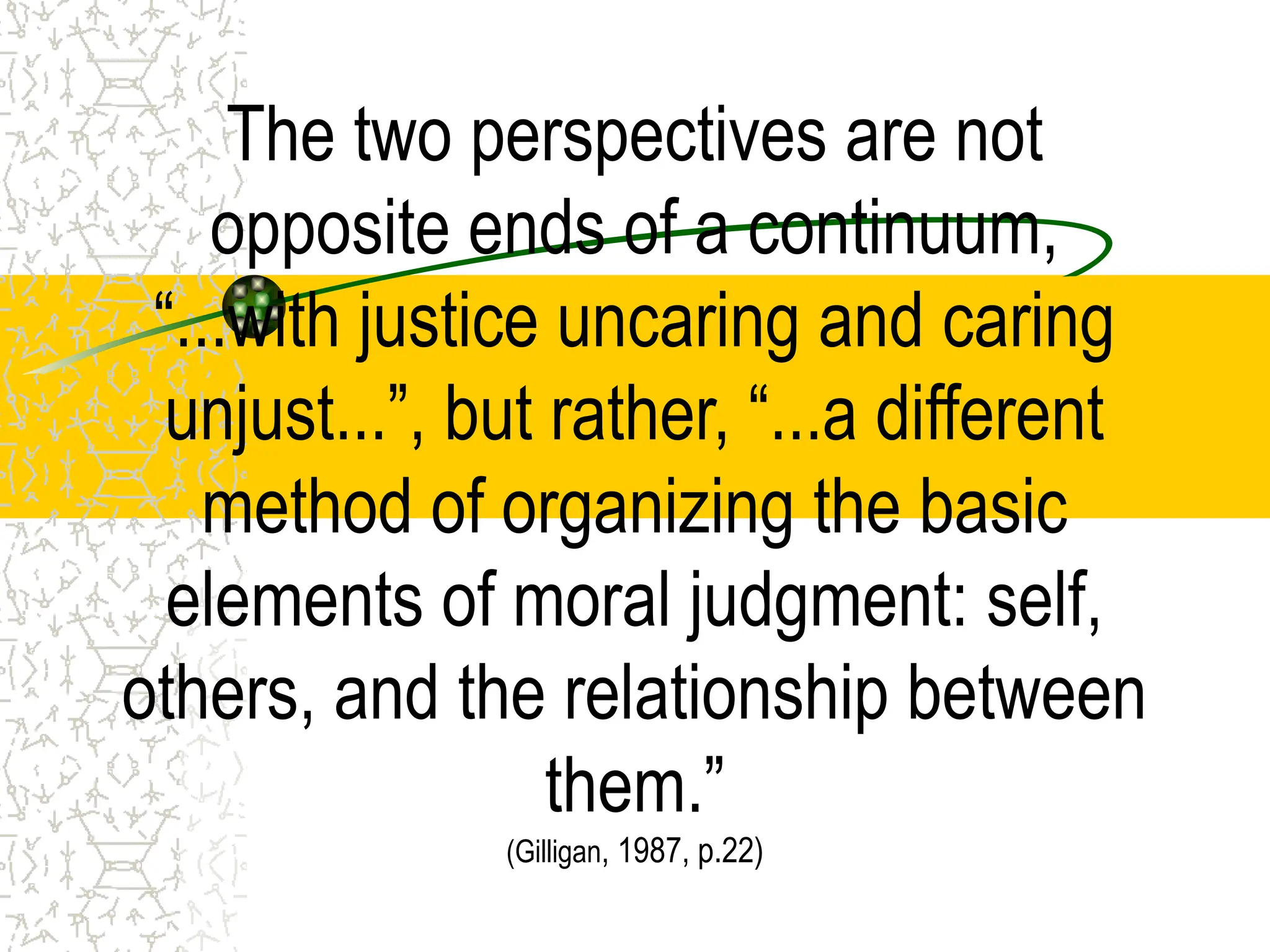 The two perspectives are not
opposite ends of a continuum,
“...with justice uncaring and caring
unjust...”, but rather, “...a different
method of organizing the basic
elements of moral judgment: self,
others, and the relationship between
them.”
(Gilligan, 1987, p.22)
 