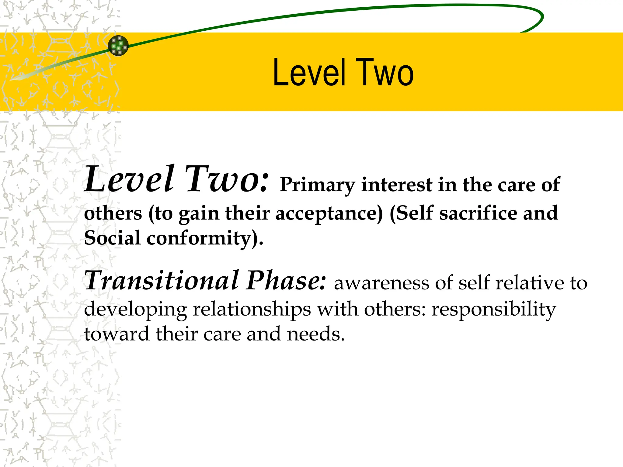 Level Two
Level Two: Primary interest in the care of
others (to gain their acceptance) (Self sacrifice and
Social conformity).
Transitional Phase: awareness of self relative to
developing relationships with others: responsibility
toward their care and needs.
 