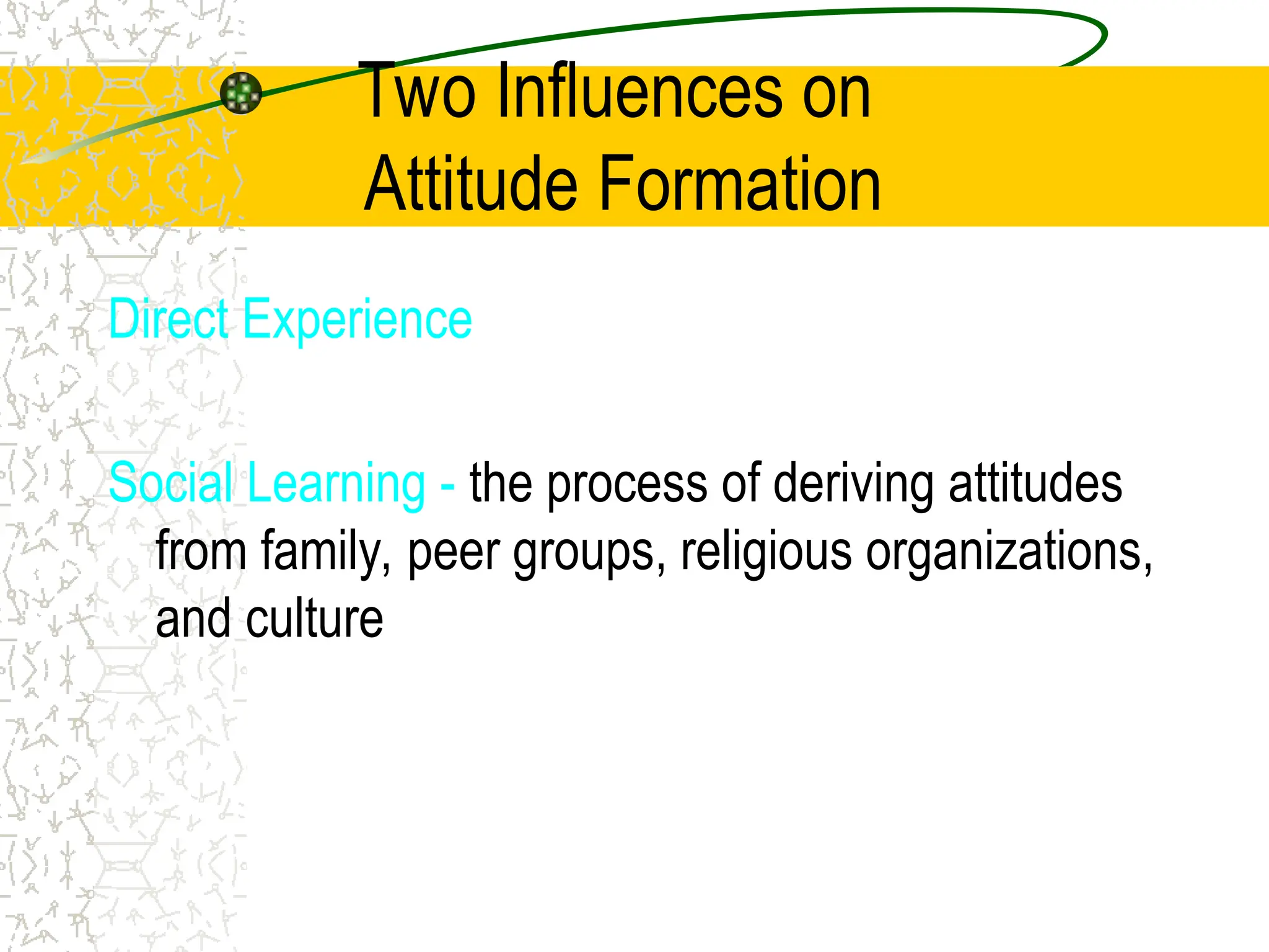 Two Influences on
Attitude Formation
Direct Experience
Social Learning - the process of deriving attitudes
from family, peer groups, religious organizations,
and culture
 