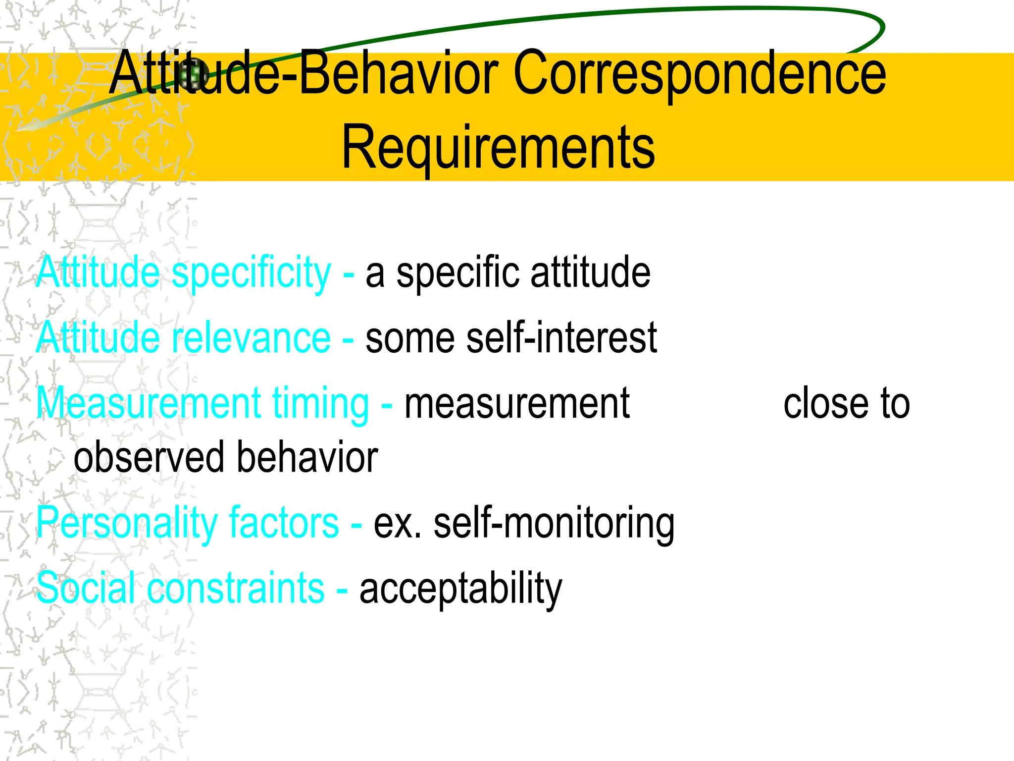 Attitude-Behavior Correspondence
Requirements
Attitude specificity - a specific attitude
Attitude relevance - some self-interest
Measurement timing - measurement close to
observed behavior
Personality factors - ex. self-monitoring
Social constraints - acceptability
 