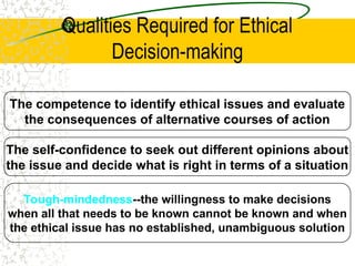Qualities Required for Ethical
Decision-making
The competence to identify ethical issues and evaluate
the consequences of alternative courses of action
The self-confidence to seek out different opinions about
the issue and decide what is right in terms of a situation
Tough-mindedness--the willingness to make decisions
when all that needs to be known cannot be known and when
the ethical issue has no established, unambiguous solution
 