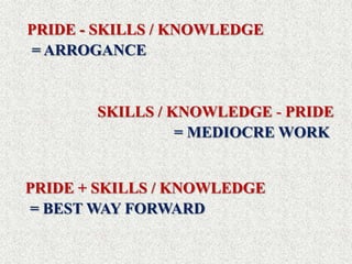 PRIDE - SKILLS / KNOWLEDGE
= ARROGANCE


       SKILLS / KNOWLEDGE - PRIDE
                 = MEDIOCRE WORK


PRIDE + SKILLS / KNOWLEDGE
= BEST WAY FORWARD
 
