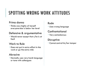 SPOTTING WRONG WORK ATTITUDES
Prima donna
 Thinks very highly of herself
everyone else is below her level
Defensive & argumentative
 Would never accept that s/he is at
fault
Work to Rule
 Does not put in extra effort in the
work or go the extra mile
Abrasive
 Normally uses very harsh language
or tone with colleagues
Rude
 Uses wrong language
Confrontational
 Very cantankerous
Disruptive
 Cannot control his/her temper
 