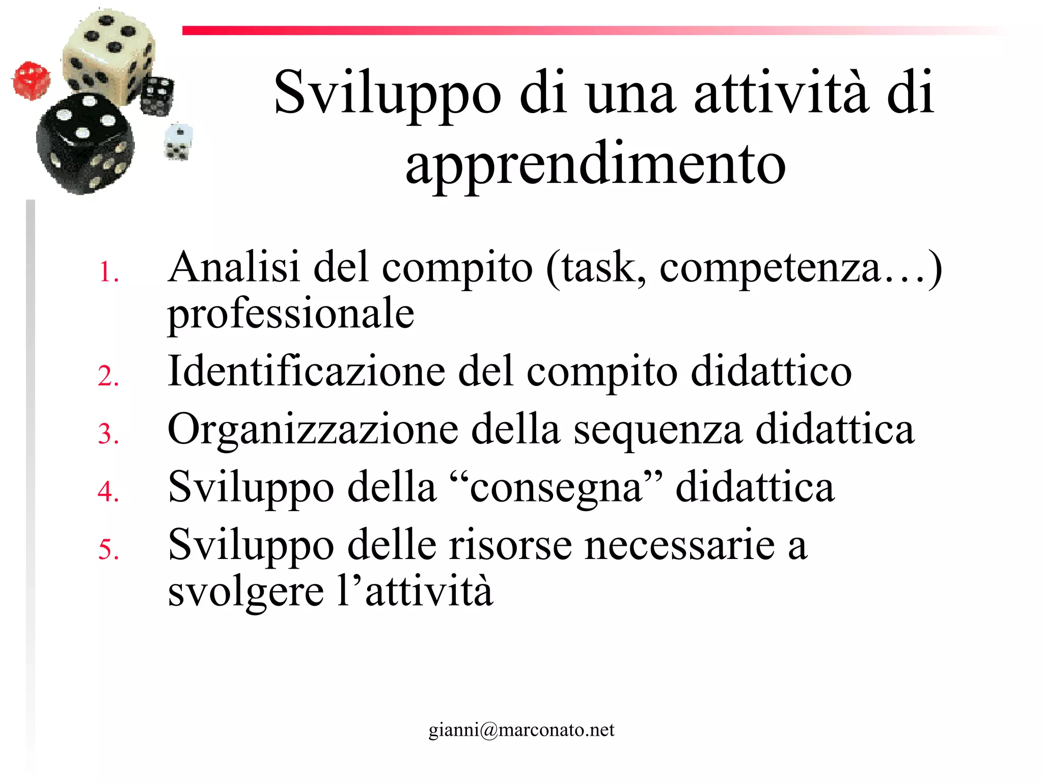 Sviluppo di una attività di apprendimento  Analisi del compito (task, competenza…) professionale Identificazione del compito didattico Organizzazione della sequenza didattica Sviluppo della “consegna” didattica  Sviluppo delle risorse necessarie a svolgere l’attività 