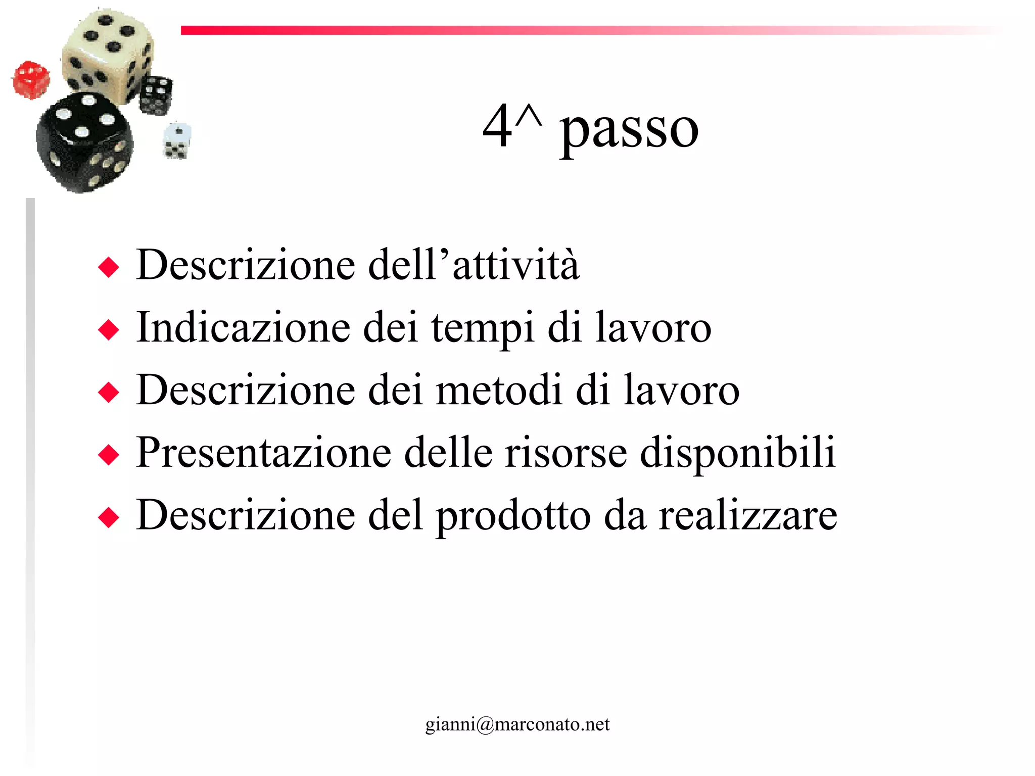 4^ passo  Descrizione dell’attività Indicazione dei tempi di lavoro Descrizione dei metodi di lavoro  Presentazione delle risorse disponibili  Descrizione del prodotto da realizzare 