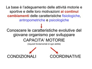 La base è l’adeguamento delle attività motorie e
  sportive e delle loro motivazioni ai continui
 cambiamenti delle caratteristiche fisiologiche,
        antropometriche e psicologiche

Conoscere le caratteristiche evolutive del
   giovane organismo per sviluppare
        CAPACITA’ MOTORIE
             (requisiti fondamentali di ogni abilità)




CONDIZIONALI                           COORDINATIVE
 