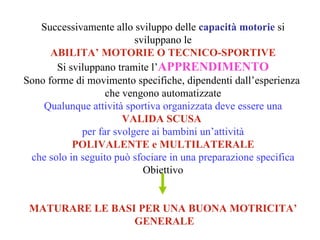 Successivamente allo sviluppo delle capacità motorie si
                          sviluppano le
      ABILITA’ MOTORIE O TECNICO-SPORTIVE
       Si sviluppano tramite l’APPRENDIMENTO
Sono forme di movimento specifiche, dipendenti dall’esperienza
                   che vengono automatizzate
    Qualunque attività sportiva organizzata deve essere una
                       VALIDA SCUSA
             per far svolgere ai bambini un’attività
           POLIVALENTE e MULTILATERALE
 che solo in seguito può sfociare in una preparazione specifica
                            Obiettivo


 MATURARE LE BASI PER UNA BUONA MOTRICITA’
                 GENERALE
 