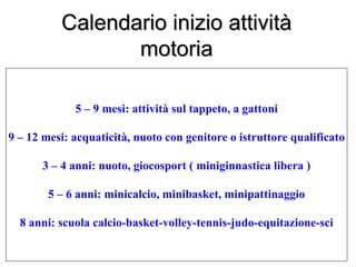Calendario inizio attività
                 motoria

             5 – 9 mesi: attività sul tappeto, a gattoni

9 – 12 mesi: acquaticità, nuoto con genitore o istruttore qualificato

       3 – 4 anni: nuoto, giocosport ( miniginnastica libera )

        5 – 6 anni: minicalcio, minibasket, minipattinaggio

  8 anni: scuola calcio-basket-volley-tennis-judo-equitazione-sci
 