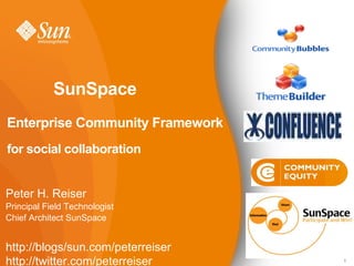 SunSpace   Enterprise Community Framework for social collaboration  Peter H. Reiser Principal Field Technologist Chief Architect SunSpace http://blogs/sun.com/peterreiser http://twitter.com/peterreiser 