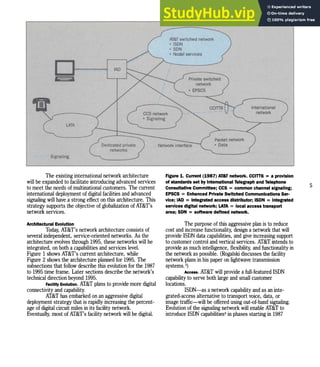 International
network
AT&T switched network
• ISDN
• SON
• NodaI services
Private switched
network
• EPSCS
ｃｃｓｾｾ• Signaling
lAD
LATA
C 4
Signaling
The existing international network architecture
will be expanded to facilitate introducing advanced services
to meet the needsofmultinational customers. Thecurrent
international deployment ofdigital facilities andadvanced
signaling will have a strongeffect onthisarchitecture. This
strategysupports the objective ofglobalization ofAT&T's
network services.
Figure 1. Current (1987) AT&T network. CCITI6 = a provision
of standards set byInternational Telegraph andTelephone
Consultative Committee; CCS = common channel signaling;
EPSCS = Enhanced Private Switched Communications Ser-
vice; lAD = Integrated accessdistributor; ISDN = Integrated
services digital network; LATA = localaccesstransport
area; SDN = software defined network.
5
Architectural Evolution
Today, AT&T's network architecture consists of
several independent, service-oriented networks. Asthe
architecture evolves through 1995, these networks will be
integrated, onbotha capabilities andservices level.
Figure 1 shows AT&T's currentarchitecture, while
Figure 2 shows the architecture planned for1995. The
subsections that follow describe thisevolution forthe 1987
to 1995 timeframe. Later sections describe the network's
technical direction beyond 1995.
Facility Evolution. AT&T plans to provide more digital
connectivity and capability.
AT&T has embarked onan aggressive digital
deployment strategythat is rapidly increasing the percent-
age ofdigital circuit miles inits facility network.
Eventually, mostofAT&T's facility network will be digital.
The purpose ofthisaggressive plan is to reduce
costand increase functionality, design a network thatwill
provide ISDN data capabilities, and give increasing support
to customer control andvertical services. AT&T intends to
provide as much intelligence, flexibility, andfunctionality in
the network as possible. (Rogalski discusses the facility
network plans inhispaperonlightwave transmission
systems.3)
Access. AT&T will provide a full-featured ISDN
capability to serve both large and small customer
locations.
ISDN-as a network capability andas aninte-
grated-access alternative to transport voice, data, or
image traffic-will be offered using out-of-band signaling.
Evolution ofthe signaling network will enable AT&T to
introduce ISDN capabilities' inphases starting in1987
 