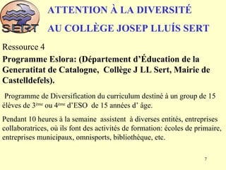 ATTENTION À LA DIVERSITÉ
AU COLLÈGE JOSEP LLUÍS SERT
Ressource 4
Programme Eslora: (Département d’Éducation de la
Generatitat de Catalogne, Collège J LL Sert, Mairie de
Castelldefels).
Programme de Diversification du curriculum destiné à un group de 15
élèves de 3ème
ou 4ème
d’ESO de 15 années d’ âge.
Pendant 10 heures à la semaine assistent à diverses entités, entreprises
collaboratrices, où ils font des activités de formation: écoles de primaire,
entreprises municipaux, omnisports, bibliothèque, etc.
7
 