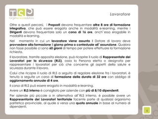 6	
  
Oltre a questi percorsi, i Preposti devono frequentare altre 8 ore di formazione
integrativa, che può essere erogata anche in modalità e-learning, mentre i
Dirigenti devono frequentare solo un corso di 16 ore, anch’esso erogabile in
modalità e-learning.
Nel momento in cui un lavoratore viene assunto il Datore di lavoro deve
provvedere alla formazione il giorno prima o contestuale all’assunzione. Qualora
non fosse possibile ci sono 60 giorni di tempo per potere effettuare la formazione
richiesta.
Il lavoratore, tramite apposita elezione, può ricoprire il ruolo di Rappresentate dei
Lavoratori per la sicurezza (RLS), ossia la Persona eletta o designata per
rappresentare i lavoratori per ciò che concerne gli aspetti della salute e
sicurezza durante il lavoro.
Colui che ricopre il ruolo di RLS a seguito di regolare elezione fra i lavoratori, è
tenuto a seguite un corso di formazione della durata di 32 ore con obbligo di
aggiornamento annuale di 4 ore.
Il corso di RLS può essere erogato in modalità e-learning.
Avere un RLS interno è consigliato per aziende con più di 8/10 dipendenti.
Per aziende più piccole o in alternativa all’RLS interno, è possibile avere un
Rappresentante dei Lavoratori territoriale facente parte di qualsiasi organismo
paritetico provinciale, al quale si versa una quota annuale in base al numero di
dipendenti.
Lavoratore
 
