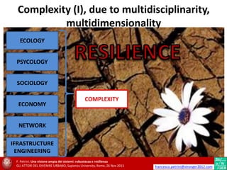 IFRASTRUCTURE
ENGINEERING
ECOLOGY
PSYCOLOGY
SOCIOLOGY
ECONOMY
NETWORK
COMPLEXITY
F. Petrini. Una visione ampia dei sistemi: robustezza e resilienza
GLI ATTORI DEL DIVENIRE URBANO, Sapienza University, Rome, 26 Nov 2015 francesco.petrini@stronger2012.com
Complexity (I), due to multidisciplinarity,
multidimensionality
 