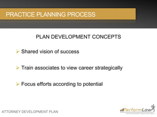 ATTORNEY DEVELOPMENT PLAN
PLAN DEVELOPMENT CONCEPTS
 Shared vision of success
 Train associates to view career strategically
 Focus efforts according to potential
PRACTICE PLANNING PROCESS
 