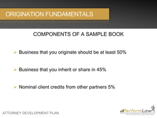 ATTORNEY DEVELOPMENT PLAN
COMPONENTS OF A SAMPLE BOOK
 Business that you originate should be at least 50%
 Business that you inherit or share in 45%
 Nominal client credits from other partners 5%
ORIGINATION FUNDAMENTALS
 
