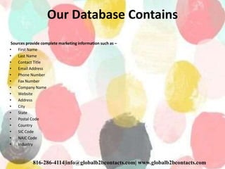 Our Database Contains
Sources provide complete marketing information such as –
• First Name
• Last Name
• Contact Title
• Email Address
• Phone Number
• Fax Number
• Company Name
• Website
• Address
• City
• State
• Postal Code
• Country
• SIC Code
• NAIC Code
• Industry
816-286-4114|info@globalb2bcontacts.com| www.globalb2bcontacts.com
 