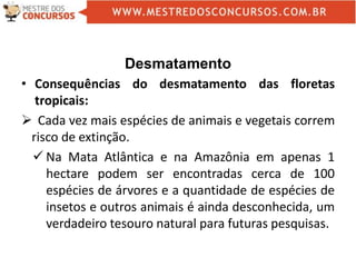 Desmatamento
• Consequências do desmatamento das floretas
tropicais:
 Cada vez mais espécies de animais e vegetais correm
risco de extinção.
 Na Mata Atlântica e na Amazônia em apenas 1
hectare podem ser encontradas cerca de 100
espécies de árvores e a quantidade de espécies de
insetos e outros animais é ainda desconhecida, um
verdadeiro tesouro natural para futuras pesquisas.
 