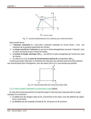 CHAPITRE : I                                            Généralités sur la machine synchrone à aimants permanents




                                                  λm : droite de charge

                     Fig. I.7 : Courbe de désaimantation d’un matériau pour aimant permanent

  Cette courbe donne :
    l’induction rémanente Br, c’est-à-dire l’induction résiduelle en circuit fermé ; c’est une
       indication de la puissance potentielle de l’aimant.
    le champ coercitif de l’induction HcB qui est le champ démagnétisant annulant l’induction ; plus
       sa valeur est élevée et plus l’aimant est stable.
    le produit d’énergie volumique (BH)max , qui définit la valeur énergétique de l’aimant par unité
       de volume.
    les valeurs Hm et Bm du point de fonctionnement optimal M correspondant (BH)max.
  L’aimant permanent idéal pour la réalisation des inducteurs de machines synchrones doit présenter
une caractéristique B(H) rectangulaire, avec des valeurs de Br et Hc aussi élevées que possible.
                                                                B

                                                                          Br




                                             Hc                                H
                              Fig. I.8 : Caractéristique B(H) de l’aimant permanent idéal

  I.2.3   CHOIX D’AIMANTS PERMANENTS UTILISES POUR LA MSAP [9][29]

  Le choix des aimants permanents est essentiel puisqu’il intervient pour beaucoup dans le couple
massique d’un actionneur :
    Les alnico sont des alliages à base de fer, d’aluminium et de nickel, avec des additions de cobalt,
      cuivre ou de titane.
    Les ferrites sont des composés d’oxyde de fer, de baryum et de strontium.




UDL – Sidi bel Abbés - 2011                                                                                    7
 
