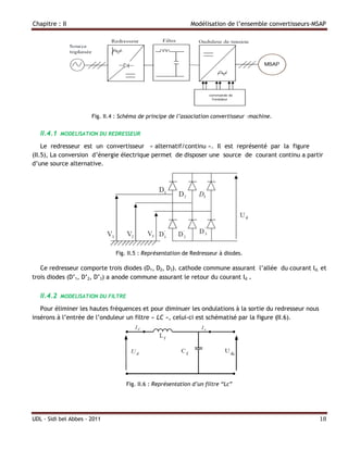 Chapitre : II                                                  Modélisation de l’ensemble convertisseurs-MSAP




                       Fig. II.4 : Schéma de principe de l’association convertisseur –machine.


   II.4.1   MODELISATION DU REDRESSEUR

    Le redresseur est un convertisseur « alternatif/continu ». Il est représenté par la figure
(II.5), La conversion d’énergie électrique permet de disposer une source de courant continu a partir
d’une source alternative.




                                Fig. II.5 : Représentation de Redresseur à diodes.

   Ce redresseur comporte trois diodes (D1, D2, D3). cathode commune assurant l’allée du courant Id, et
trois diodes (D’1, D’2, D’3) a anode commune assurant le retour du courant Id .


   II.4.2   MODELISATION DU FILTRE

   Pour éliminer les hautes fréquences et pour diminuer les ondulations à la sortie du redresseur nous
insérons à l’entrée de l’onduleur un filtre « LC », celui-ci est schématisé par la figure (II.6).




                                     Fig. II.6 : Représentation d’un filtre “Lc”




UDL - Sidi bel Abbes - 2011                                                                               18
 