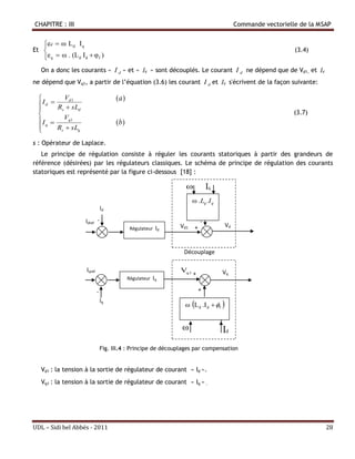 CHAPITRE : III                                                                             Commande vectorielle de la MSAP


   ed  ω Ld I q
Et                                                                                                           (3.4)
   e q  ω . (Ld I d  φ f )
  On a donc les courants « I d » et « Iq » sont découplés. Le courant I d ne dépend que de Vd1, et Iq
ne dépend que Vq1, a partir de l’équation (3.6) les courant I d et Iq s'écrivent de la façon suivante:

           Vd 1                       (a )
  I d  R  sL
         s      d
                                                                                                              (3.7)
           Vq1
 I q                                 (b)
 
        Rs  sLq

s : Opérateur de Laplace.
   Le principe de régulation consiste à réguler les courants statoriques à partir des grandeurs de
référence (désirées) par les régulateurs classiques. Le schéma de principe de régulation des courants
statoriques est représenté par la figure ci-dessous [18] :

                                                                   ω            Iq
                                                                       ω .Lq . I q
                                 Id

                     Idref -                                                -
                                               Régulateur   Id   Vd1    +             Vd



                                                                  Découplage

                     Iqref                                       Vq1 +               Vq
                                              Régulateur   Iq

                             -                                              +

                                                                  ω Ld .I d  f 
                                 Iq



                                                                 ω                   Id
                                 Fig. III.4 : Principe de découplages par compensation


  Vd1 : la tension à la sortie de régulateur de courant « Id ».
  Vq1 : la tension à la sortie de régulateur de courant « Iq » .




UDL – Sidi bel Abbés - 2011                                                                                             28
 