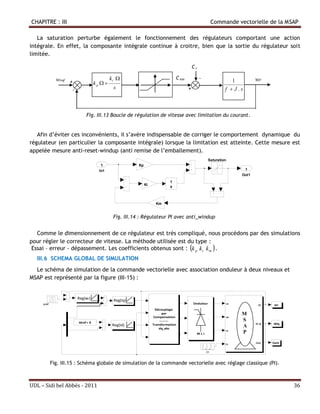 CHAPITRE : III                                                                                                         Commande vectorielle de la MSAP

   La saturation perturbe également le fonctionnement des régulateurs comportant une action
intégrale. En effet, la composante intégrale continue à croitre, bien que la sortie du régulateur soit
limitée.

                                                                                                       Cr

              wrref +                              ki                                      C em            -                  1          wr
                                          kp  
                     -                              s                                              +                        f  J .s



                               Fig. III.13 Boucle de régulation de vitesse avec limitation du courant.


   Afin d’éviter ces inconvénients, il s’avère indispensable de corriger le comportement dynamique du
régulateur (en particulier la composante intégrale) lorsque la limitation est atteinte. Cette mesure est
appelée mesure anti-reset-windup (anti remise de l’emballement).
                                                                                                                   Saturation
                                             1                      Kp
                                            In1                                                                                     1
                                                                                                                                   Out1
                                                                                        1
                                                                         Ki
                                                                                        s



                                                                                Km


                                                    Fig. III.14 : Régulateur PI avec anti_windup


   Comme le dimensionnement de ce régulateur est très compliqué, nous procédons par des simulations
pour régler le correcteur de vitesse. La méthode utilisée est du type :
 Essai – erreur - dépassement. Les coefficients obtenus sont : k p ki k m .                                           
  III.6 SCHEMA GLOBAL DE SIMULATION
  Le schéma de simulation de la commande vectorielle avec association onduleur à deux niveaux et
MSAP est représenté par la figure (III-15) :


                          Reg(wr)
                         Régulateur wr
                                                    Reg(Iq)
                                                    Régulateur Iq
     wref                                                                                              Onduleur             va              wr     wr
                                                                                Découplage
                                                                                    par                                            M
                                                                               Compensation                                 vb

                          Idref = 0
                                                                                  --------                                         S
                                                    Reg(Id) Id                Transformation                                              Id ,Iq   IdIq
                                                    Régulateur
                                                                                  dq_abc
                                                                                                                                   A
                                                                                                                            vc
                                                                                                            MLI                    P

                                                                                                                            Cr
                                                                                                                                          Cem      Cem

                                                                                                                  Cr


                                      t
            Fig. III.15 : Schéma globale de simulation de la commande vectorielle avec réglage classique (PI).



UDL – Sidi bel Abbés - 2011                                                                                                                               36
 