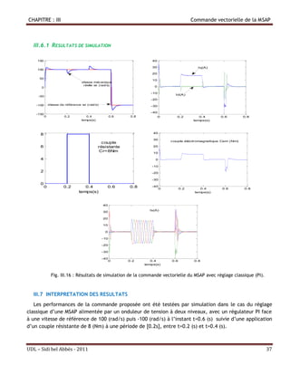 CHAPITRE : III                                                                               Commande vectorielle de la MSAP



  III.6.1 RESULTATS DE SIMULATION

    150                                                                40

                                                                       30                       Iq(A)
    100
                                                                       20
     50
                                                                       10
                                   vitesse mécanique
                                     réelle wr (rad/s)                   0
      0

                                                                       -10
                                                                                   Id(A)
     -50
                                                                       -20

    -100       vitesse de référence wr (rad/s)                         -30

                                                                       -40
    -150
           0             0.2          0.4              0.6    0.8            0      0.2          0.4     0.6         0.8
                                   temps(s)                                                   temps(s)



                                                                        40
      8
                                                                        30
                                                                                 couple éléctromagnetique Cem (Nm)
                                                couple
      6                                       résistante                20
                                               Cr=8Nm                   10

      4                                                                  0

                                                                       -10
      2                                                                -20

                                                                       -30
      0
           0            0.2          0.4           0.6       0.8       -40
                                                                             0         0.2       0.4      0.6        0.8
                                  temps(s)                                                    temps(s)



                                                 40
                                                                      Is(A)
                                                 30

                                                 20

                                                 10

                                                  0

                                                 -10

                                                 -20

                                                 -30

                                                 -40
                                                       0     0.2       0.4       0.6          0.8
                                                                    temps(s)



                 Fig. III.16 : Résultats de simulation de la commande vectorielle du MSAP avec réglage classique (PI).



  III.7 INTERPRETATION DES RESULTATS
   Les performances de la commande proposée ont été testées par simulation dans le cas du réglage
classique d’une MSAP alimentée par un onduleur de tension à deux niveaux, avec un régulateur PI face
à une vitesse de référence de 100 (rad/s) puis -100 (rad/s) à l’instant t=0.6 (s) suivie d’une application
d’un couple résistante de 8 (Nm) à une période de [0.2s], entre t=0.2 (s) et t=0.4 (s).



UDL – Sidi bel Abbés - 2011                                                                                                37
 