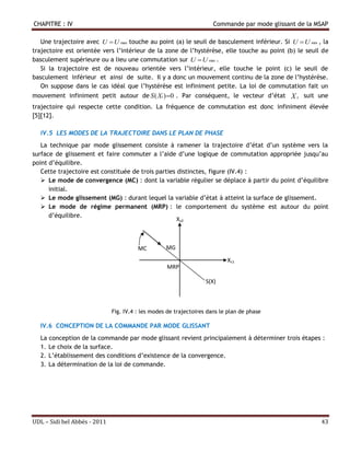 CHAPITRE : IV                                                         Commande par mode glissant de la MSAP

   Une trajectoire avec U  U max touche au point (a) le seuil de basculement inférieur. Si U  U min , la
trajectoire est orientée vers l’intérieur de la zone de l’hystérèse, elle touche au point (b) le seuil de
basculement supérieure ou a lieu une commutation sur U  U min .
   Si la trajectoire est de nouveau orientée vers l’intérieur, elle touche le point (c) le seuil de
basculement inférieur et ainsi de suite. Il y a donc un mouvement continu de la zone de l’hystérèse.
   On suppose dans le cas idéal que l’hystérèse est infiniment petite. La loi de commutation fait un
mouvement infiniment petit autour de S ( Xs ) 0 . Par conséquent, le vecteur d’état X S suit une
trajectoire qui respecte cette condition. La fréquence de commutation est donc infiniment élevée
[5][12].

  IV.5 LES MODES DE LA TRAJECTOIRE DANS LE PLAN DE PHASE
   La technique par mode glissement consiste à ramener la trajectoire d’état d’un système vers la
surface de glissement et faire commuter a l’aide d’une logique de commutation appropriée jusqu’au
point d’équilibre.
   Cette trajectoire est constituée de trois parties distinctes, figure (IV.4) :
    Le mode de convergence (MC) : dont la variable régulier se déplace à partir du point d’équilibre
      initial.
    Le mode glissement (MG) : durant lequel la variable d’état à atteint la surface de glissement.
    Le mode de régime permanent (MRP) : le comportement du système est autour du point
      d’équilibre.
                                                     Xs2



                                        MC         MG

                                                                           Xs1
                                                   MRP

                                                                   S(X)



                              Fig. IV.4 : les modes de trajectoires dans le plan de phase

  IV.6 CONCEPTION DE LA COMMANDE PAR MODE GLISSANT
  La conception de la commande par mode glissant revient principalement à déterminer trois étapes :
  1. Le choix de la surface.
  2. L’établissement des conditions d’existence de la convergence.
  3. La détermination de la loi de commande.




UDL – Sidi bel Abbés - 2011                                                                             43
 