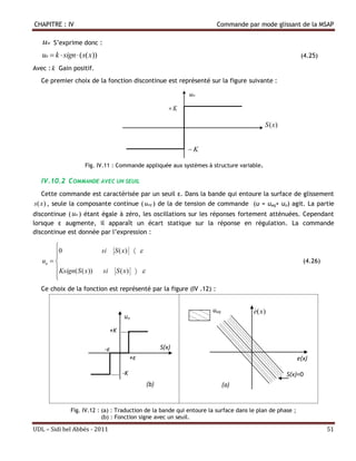 CHAPITRE : IV                                                           Commande par mode glissant de la MSAP

   un   S’exprime donc :
   un  k  sign  ( s( x))                                                                                (4.25)
Avec : k Gain positif.
  Ce premier choix de la fonction discontinue est représenté sur la figure suivante :

                                                                un

                                                           K

                                                                                          S (x)


                                                                K

                     Fig. IV.11 : Commande appliquée aux systèmes à structure variable.

  IV.10.2 COMMANDE AVEC UN SEUIL
  Cette commande est caractérisée par un seuil ε. Dans la bande qui entoure la surface de glissement
s(x ) , seule la composante continue ( ueq ) de la de tension de commande (u = ueq+ un) agit. La partie
discontinue ( un ) étant égale à zéro, les oscillations sur les réponses fortement atténuées. Cependant
lorsque ε augmente, il apparaît un écart statique sur la réponse en régulation. La commande
discontinue est donnée par l’expression :

        
        0                    si     S ( x)  
        
   un                                                                                                     (4.26)
         Ksign( S ( x ))     si     S ( x)  
        
        
  Ce choix de la fonction est représenté par la figure (IV .12) :


                                                                      ueq             
                                                                                      e(x )
                                        un

                                   +K …...

                               -ε                       S(x)
                                             +ε                                                           e(x)

                                    ….. -K                                                         S(x)=0
                                                  (b)                       (a)


               Fig. IV.12 : (a) : Traduction de la bande qui entoure la surface dans le plan de phase ;
                            (b) : Fonction signe avec un seuil.

UDL – Sidi bel Abbés - 2011                                                                                          51
 