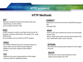 HTTP protocol
HTTP Methods
GET
Requests using GET should only retrieve data and
should have no other effect.
Form variables stored in URL
HEAD
Same as GET, but transfers the status line and header
section only.
Return information about the document header (File
size, modification date, server version)
POST
A POST request is used to send data to the server, for
example, customer information, file upload, etc. using
HTML forms.
Form variables sent as content of HTTP request
PUT
Replaces all current representations of the target
resource with the uploaded content.
DELETE
Removes all current representations of the
target resource given by a URI.
OPTIONS
Describes the communication options for the target
resource.
TRACE
The TRACE method echoes the received request so
that a client can see what (if any) changes or
additions have been made by intermediate
servers.
CONNECT
Establishes a tunnel to the server identified by a given
URI.
(example SSL)
 