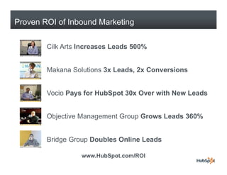 Proven ROI of Inbound Marketing


        Cilk Arts Increases Leads 500%


        Makana Solutions 3x Leads, 2x Conversions


        Vocio Pays for HubSpot 30x Over with New Leads


        Objective Management Group Grows Leads 360%


        Bridge Group Doubles Online Leads
            g      p

                  www.HubSpot.com/ROI
 