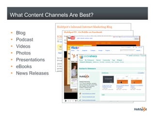 What Content Channels Are Best?


•   Blog
•   Podcast
•   Videos
•   Photos
    Ph t
•   Presentations
•   eBooks
•   News Releases
 