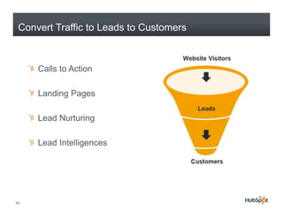 Convert Traffic to Leads to Customers



     Calls to Action

     Landing Pages

     Lead Nurturing

     Lead Intelligences




45
 