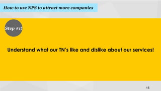 How to use NPS to attract more companies!

Step #1!
!

Understand what our TN’s like and dislike about our services!
!

15
!

 