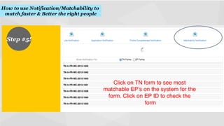 How to use Notification/Matchability to
match faster & Better the right people

Step #5!
!

Click on TN form to see most
matchable EP’s on the system for the
form. Click on EP ID to check the
form
!

 