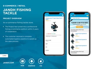 WEB ANDROID IOS
JANDH.com
Links:
E-Commerce / Retail
JANDH FISHING

TACKLE
Project overview
An e-commerce fishing tackle store.
The Project has turned into a professional 

fishing e-commerce platform within 5 years 

of cooperation.


The customer received a complete 

automated logistics pipeline to speed up 

the sales process.

 