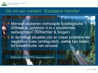 De rol van context: ‘Excitation transfer’ Mensen proberen verhoogde fysiologische arousal te verklaren d.m.v situationele aanwijzingen (Schachter & Singer) In sommige situaties zijn er zowel positieve als negatieve cues (ambiguïteit), welke kan leiden tot misattributie van arousal  Dutton & Aron, 1974, brug experiment: 