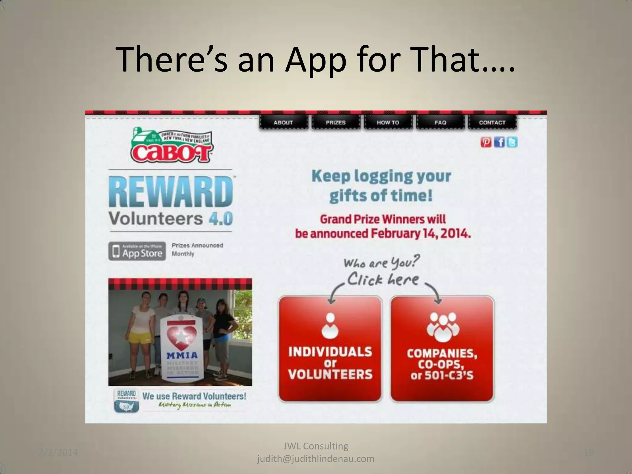 There’s an App for That….

2/2/2014

JWL Consulting
judith@judithlindenau.com

19

 