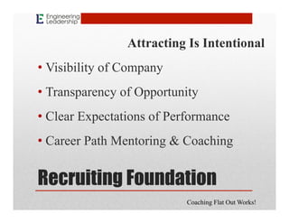 Recruiting Foundation
Attracting Is Intentional
• Visibility of Company
• Transparency of Opportunity
• Clear Expectations...